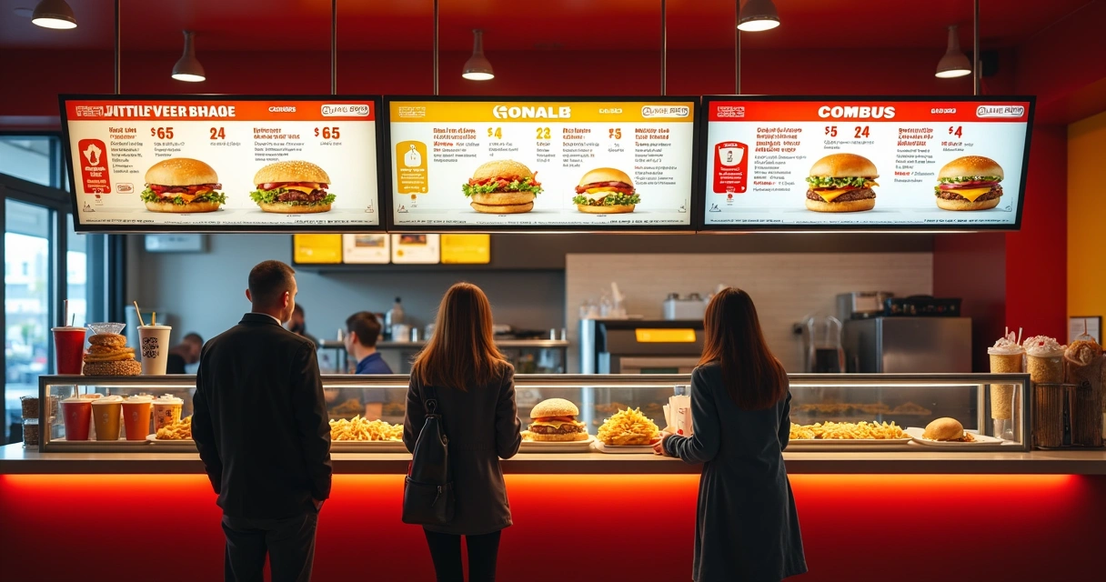 Balcão com combos de fast food e etiquetas de preços 