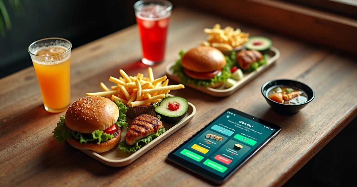 Mesa de restaurante com pratos em combo ao lado de tablet exibindo app de delivery 