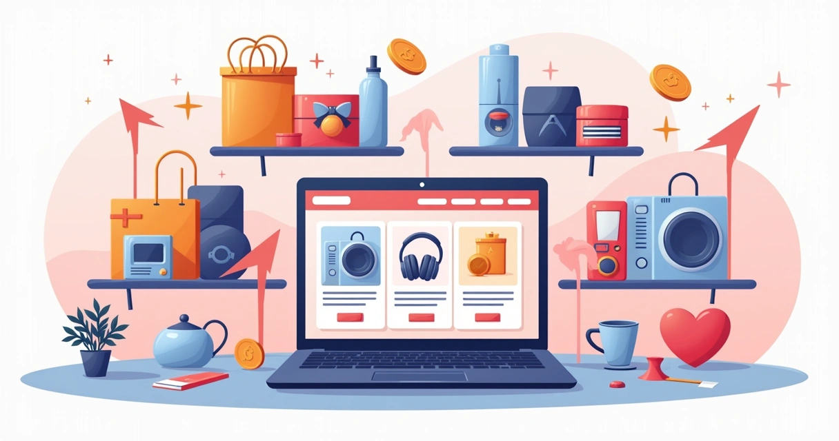 Vários combos de produtos variados expostos em prateleiras virtuais