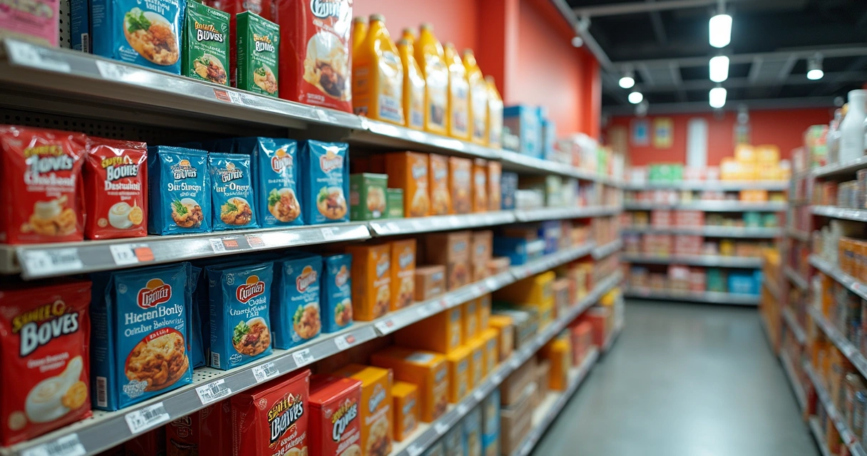 Exposição de combos de produtos em prateleira de loja 