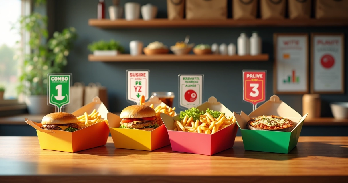 Mesa de restaurante com vários combos de comida organizados como peças de quebra-cabeça 