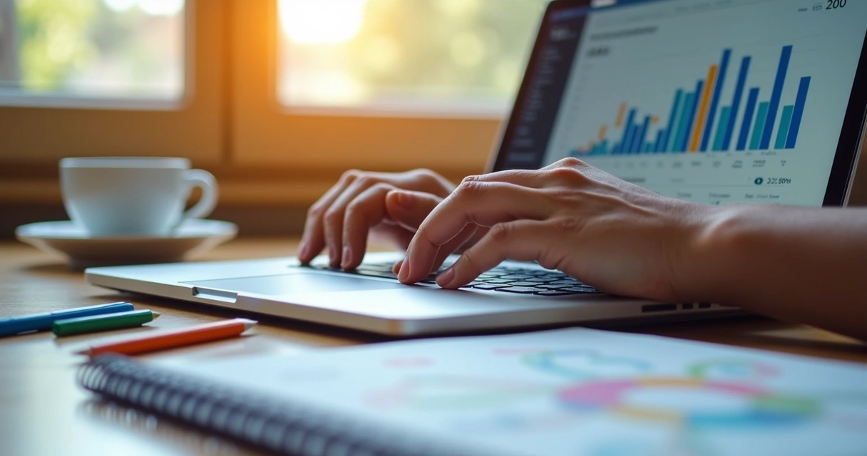 Pessoa digitando em notebook com tela mostrando painel de afiliados e bloco de anotações ao lado 