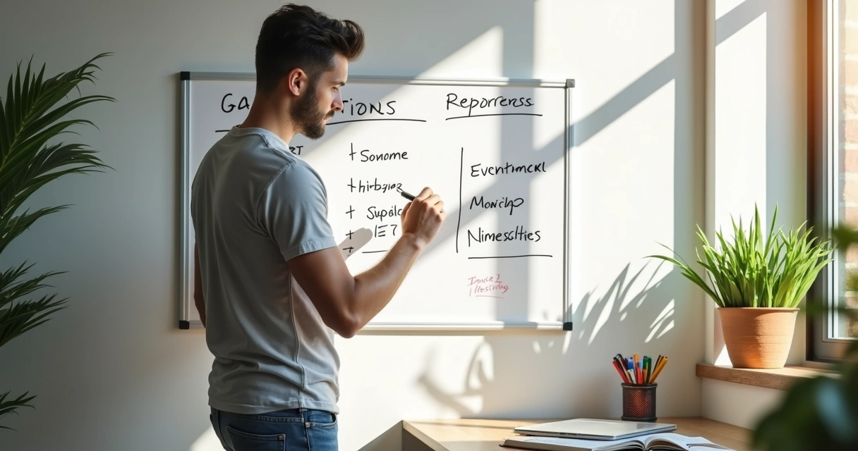 Empreendedor anotando metas em quadro branco em sala de pequena empresa 