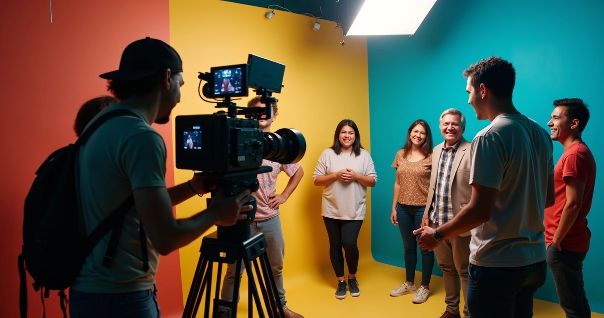 Equipo de rodaje grabando escena cómica con actores latinoamericanos 