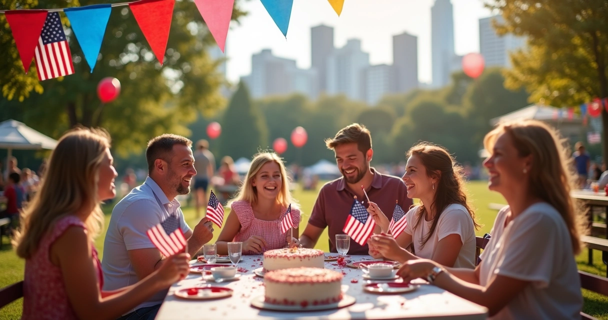 Celebração colorida com famílias reunidas em parque americano, bandeiras dos EUA e decoração patriótica em tons de azul, vermelho e branco 