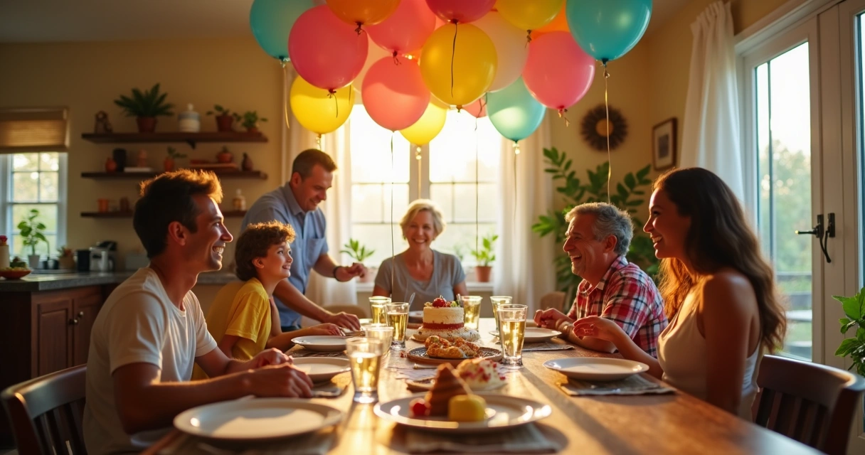 Decoração de festa de aniversário feita em casa com balões e mesa de doces 