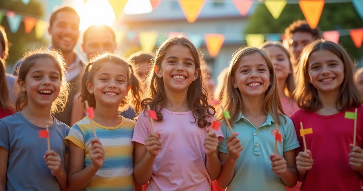 Crianças segurando bandeiras em uma comemoração escolar