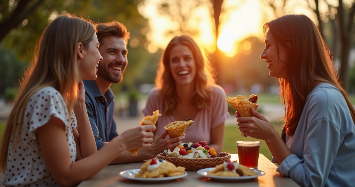 Grupo celebrando compras saboreando crepes em evento em Orlando 