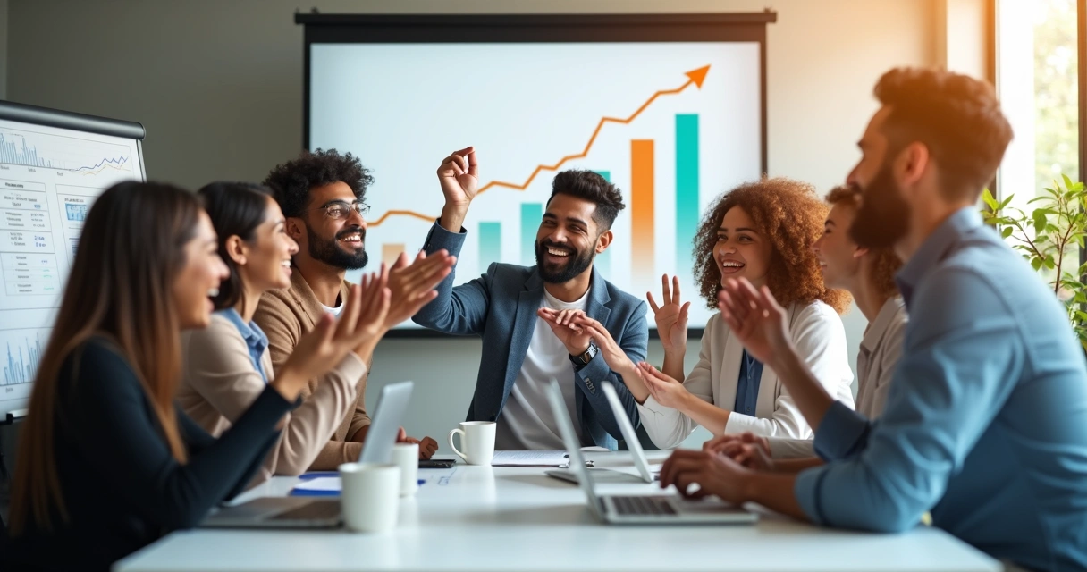 Equipe de BPO financeiro comemorando conquista de novos clientes 