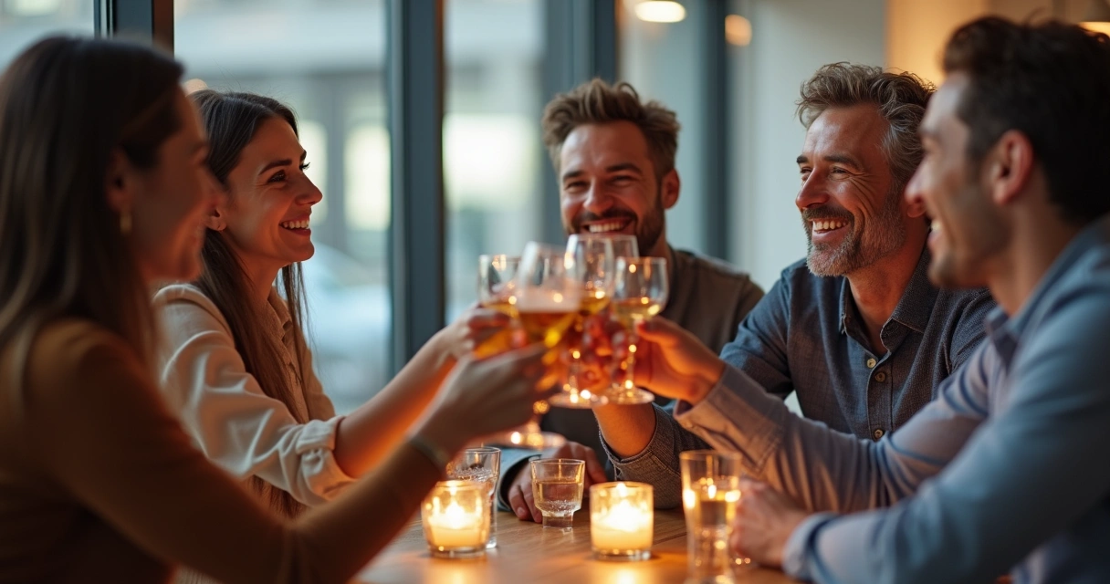 Mentorado comemorando início da mentoria com equipe, brindando juntos em sala iluminada. 