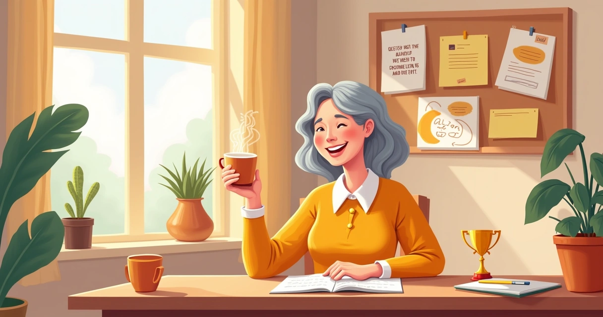 Espaço interno acolhedor com pessoa comemorando uma pequena vitória, segurando uma xícara de café.