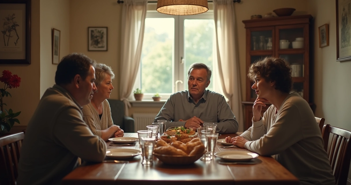 Familia en la mesa con gesto de tensión y una persona en silencio