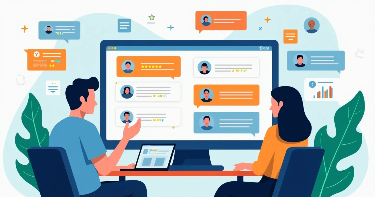 Equipe analisando comentários dos clientes na tela de um notebook