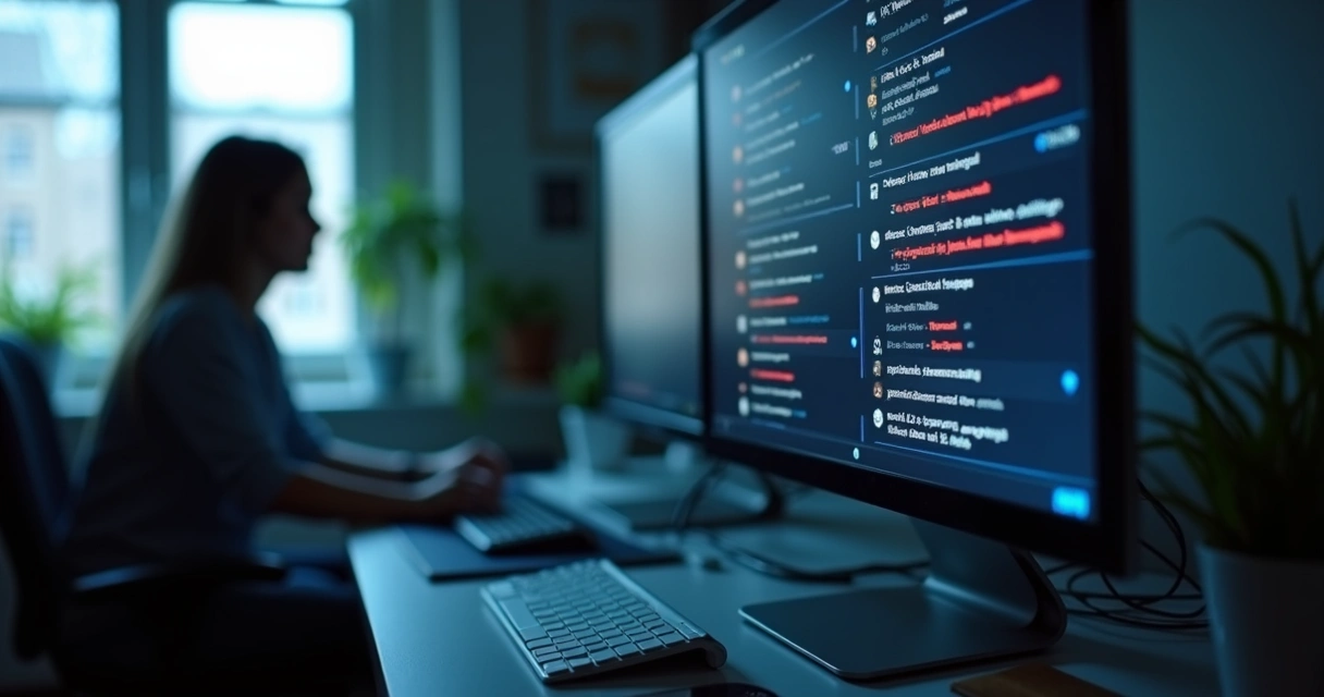 Tela com comentários hostis e pessoa refletida no monitor 