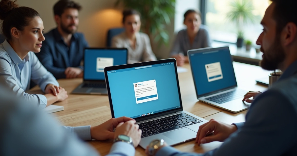 Close-up of multiple hands typing comments on laptops side by side, with LinkedIn logos displayed on screens. 