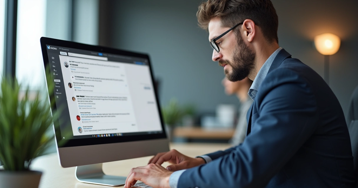 Profissional digitando comentário em post de LinkedIn, tela destaca conversa relevante mostrando reações e início de conexão entre perfis de negócios. 