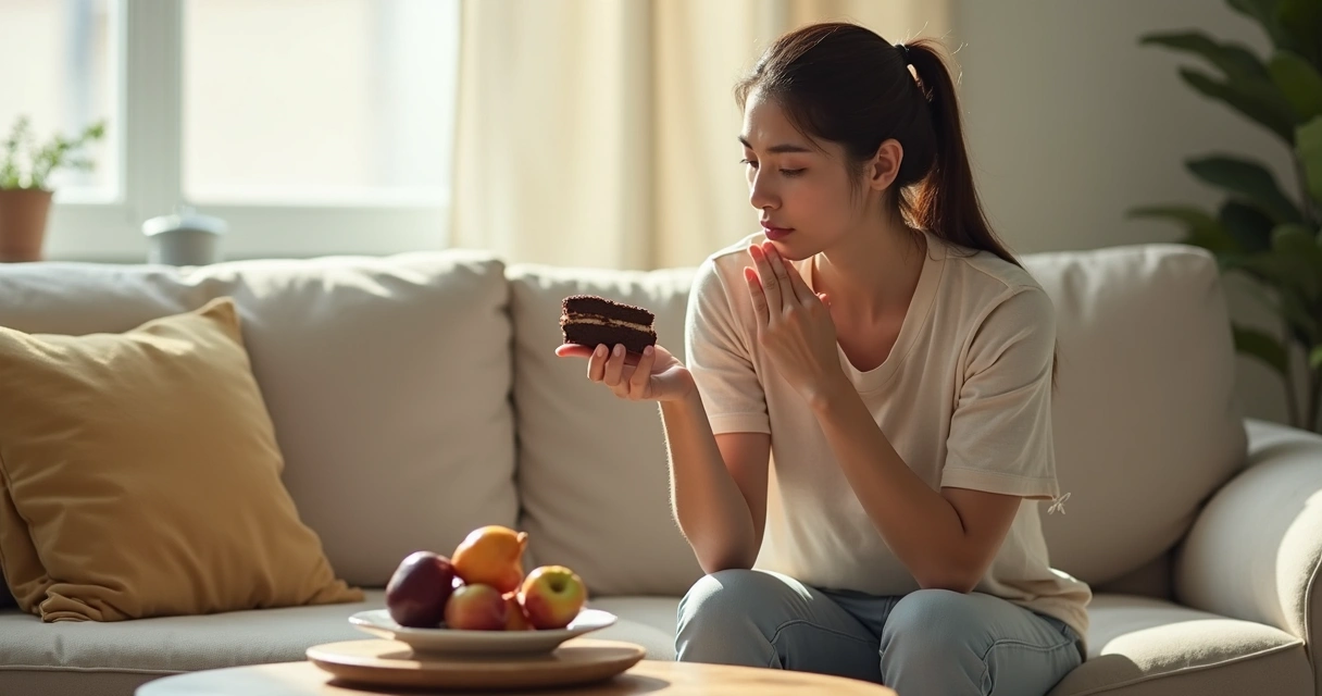 Mulher sentada no sofá com expressão pensativa comendo bolo 