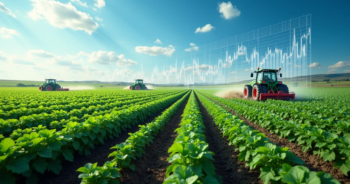 Campo agrícola extenso com tratores trabalhando sob céu azul, gráficos financeiros flutuando digitalmente sobre as plantações e telas de computador exibindo dados de mercado 