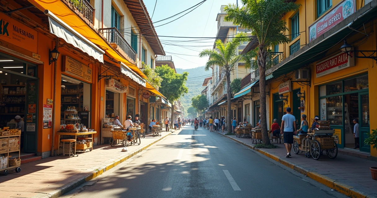 Rua de bairro com mercados, padarias e comércio local 