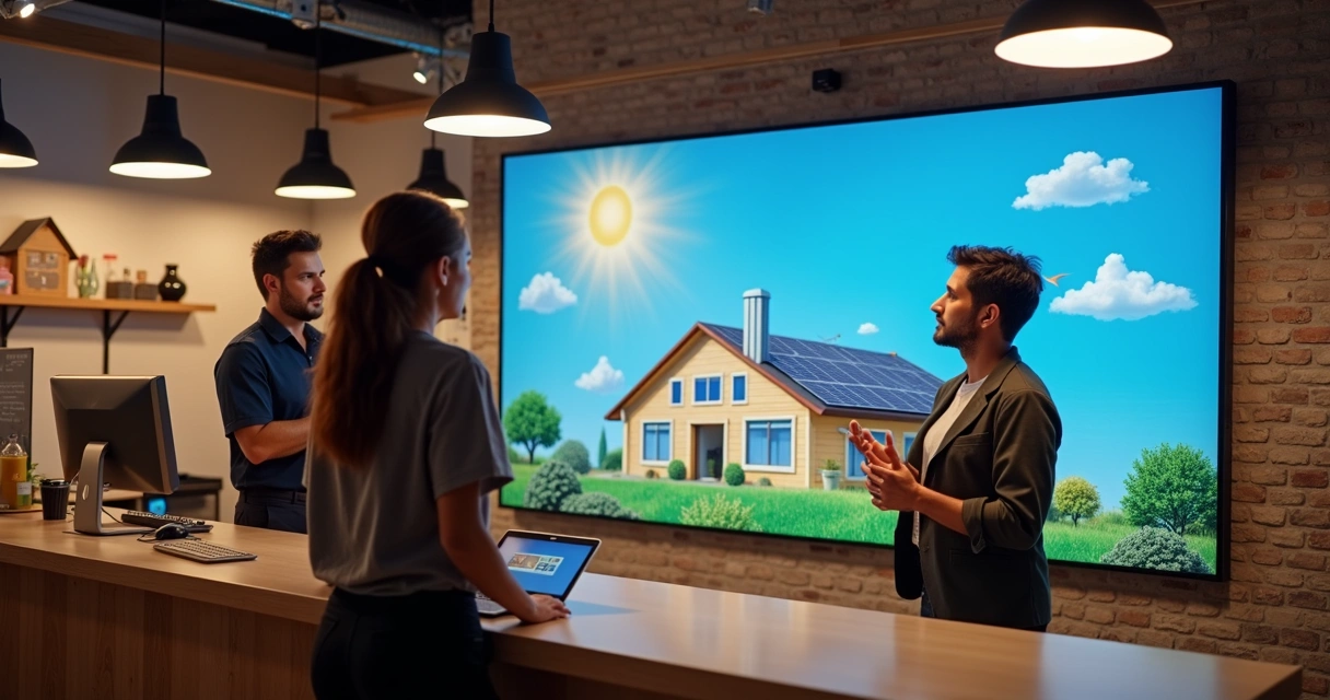 Equipe comercial apresenta painel solar ao cliente em loja 
