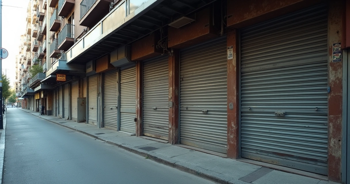 Fachada de loja de comércio fechada com placa de feriado visível 