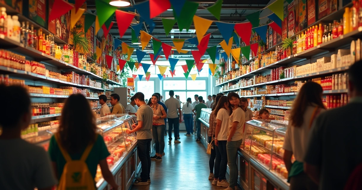 Interior de uma loja decorada para feriado e Copa, prateleiras cheias, funcionários e clientes animados, bandeiras coloridas. 