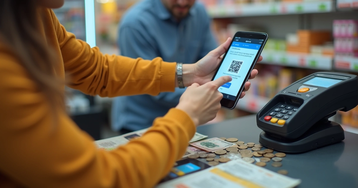 Ponto de venda físico com cliente pagando por QR Code em tablet