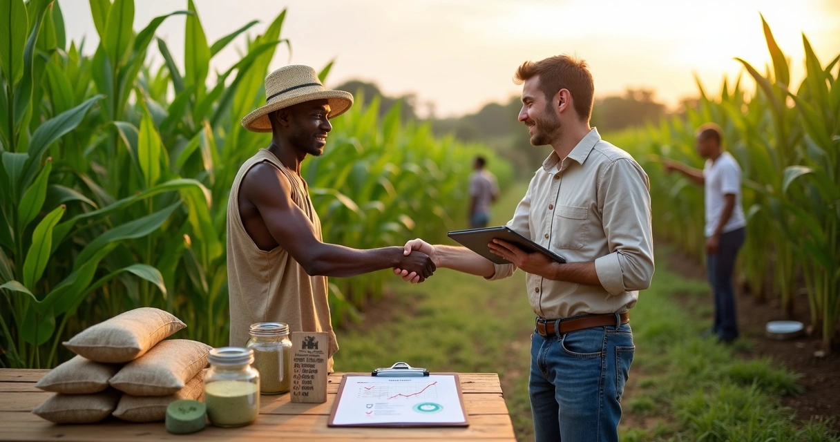 Produtores de moringa negociando de forma justa com comprador em plantação verde 