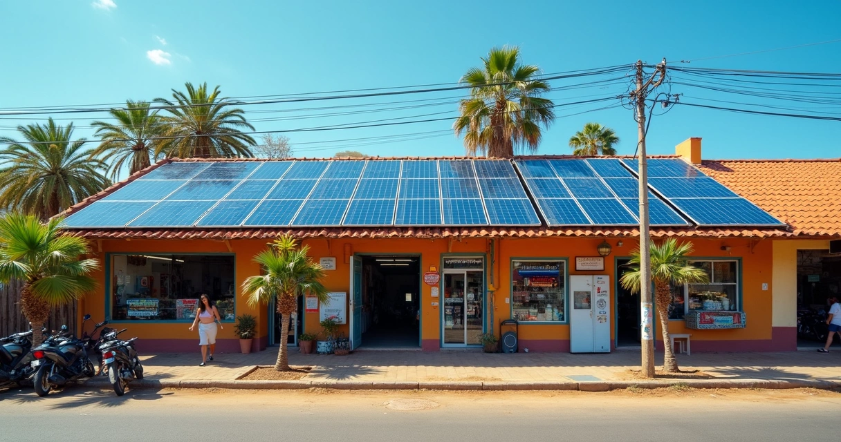 Painéis solares instalados no telhado de um pequeno comércio local 