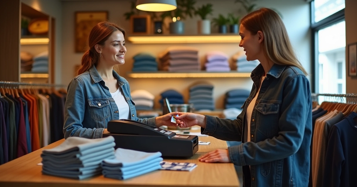 Loja de roupas pequena com caixa registradora e pilhas de roupas recém-vendidas 