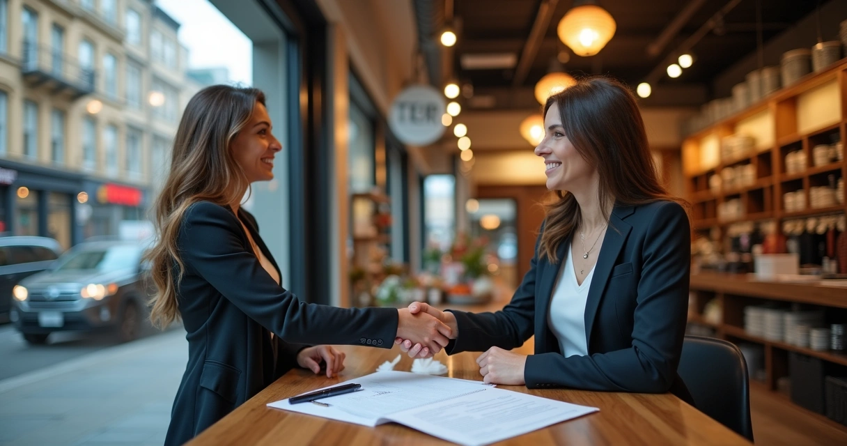 Empresária fechando contrato para locação em loja no centro urbano 