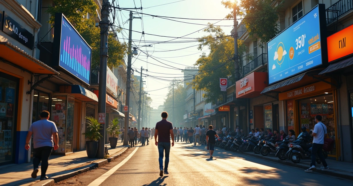 Cruzamento animado no Brasil com comércio local e placas digitais exibindo dados 