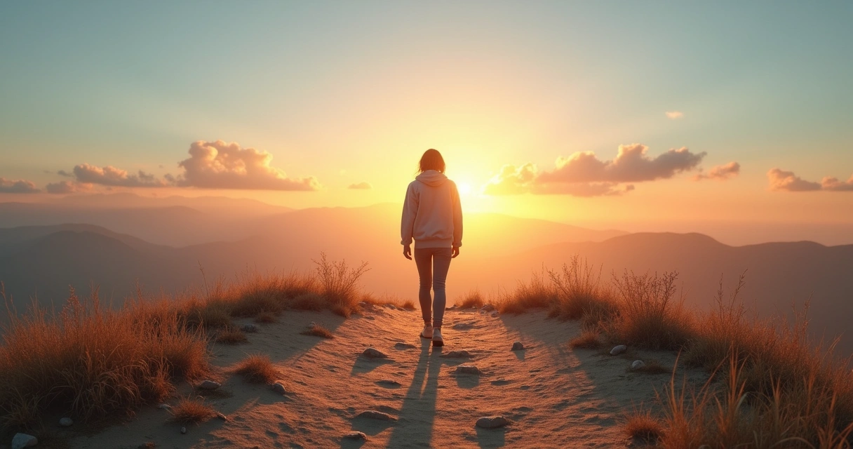 Person stepping from a lit comfort zone into a wider open landscape 