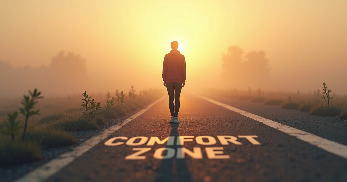 Person standing just outside comfort zone boundary, facing horizon 
