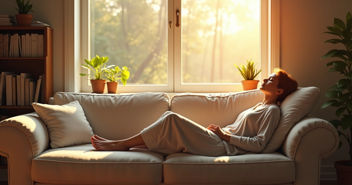 Person enjoying a peaceful solitary moment at home with sunlight through a window, symbolizing personal space. 