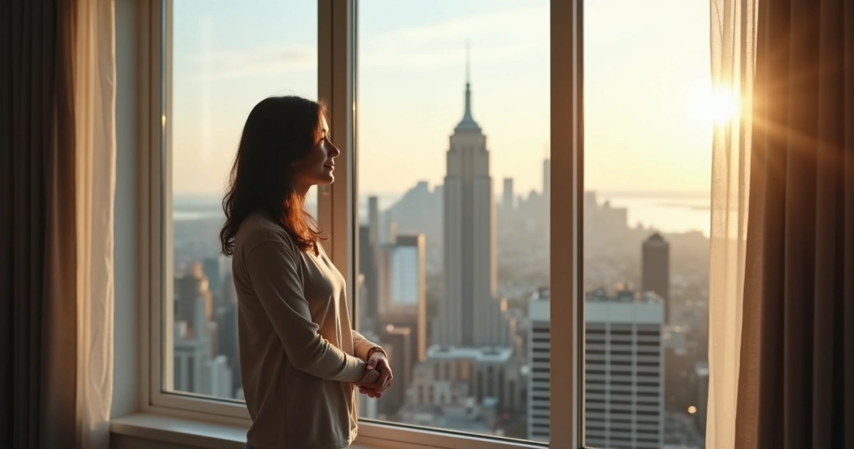 Person looking out window, waiting with calm expression 