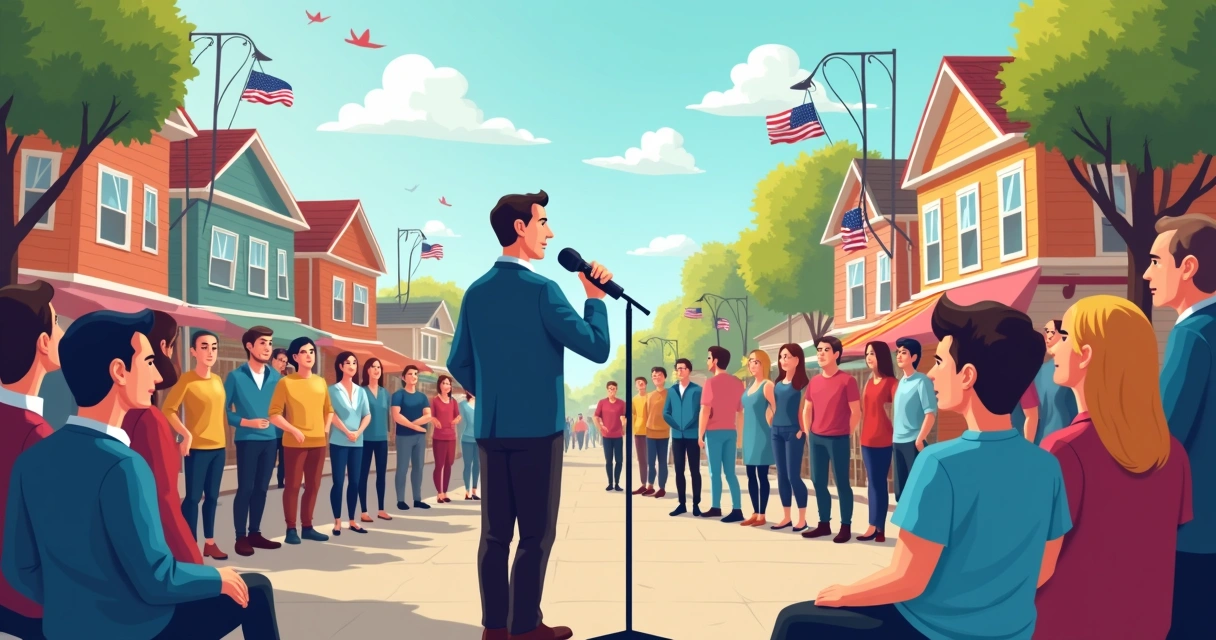 Comício político em praça pequena com rádio comunitário e alto-falantes 