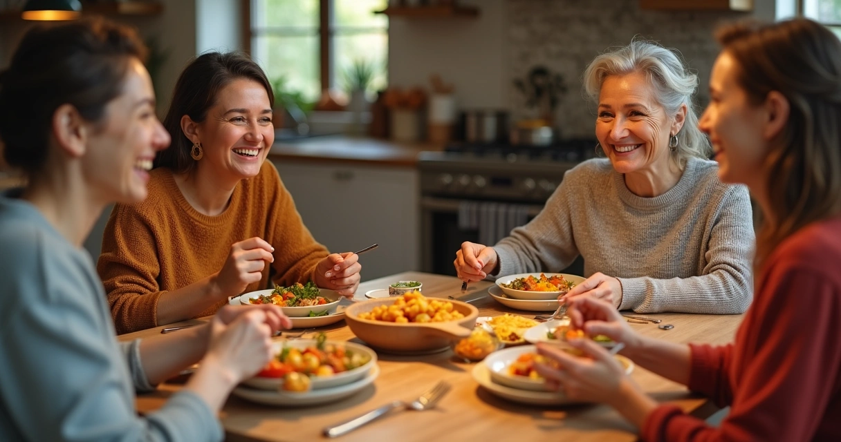 Mesa posta com comida caseira e mulheres sorrindo, simbolizando alimentação afetiva 