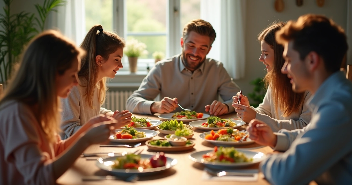 Persona sentada a la mesa, enfocada en su comida, con platos coloridos y luz suave 