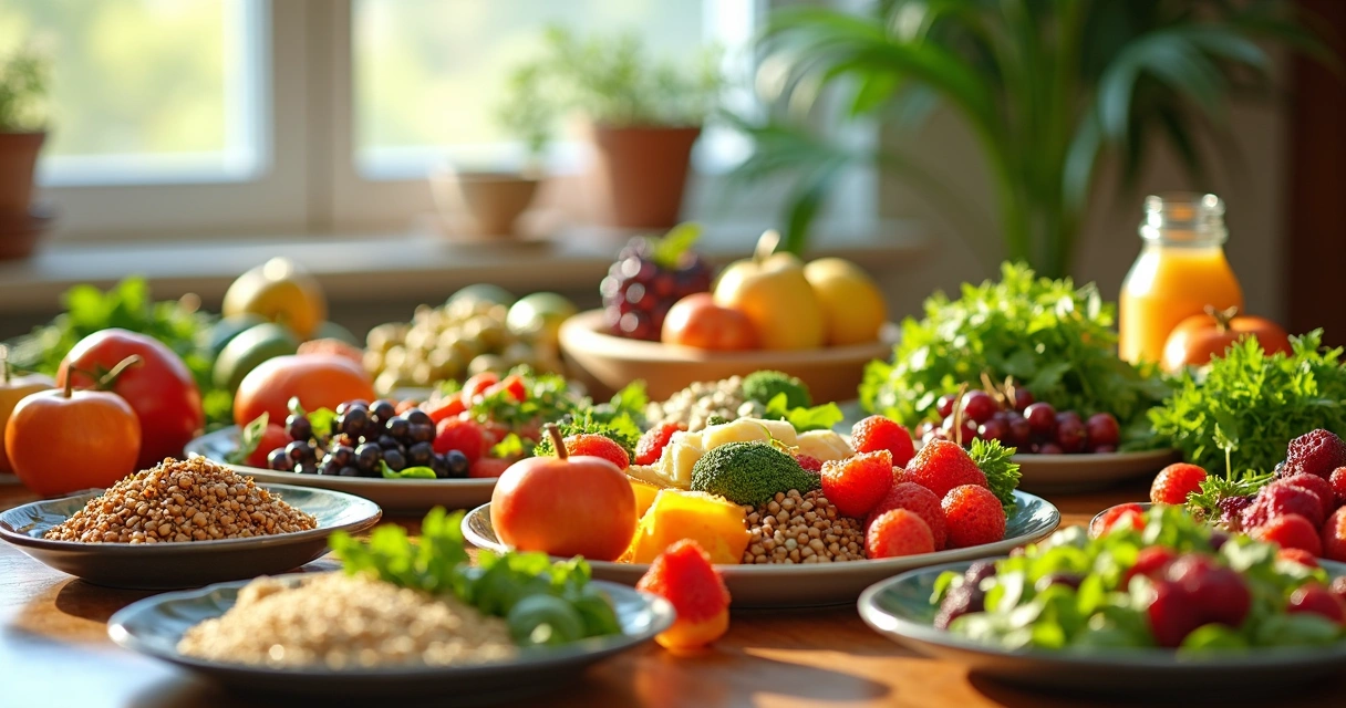Mesa con variedad de alimentos saludables y coloridos, frutas, verduras y granos 