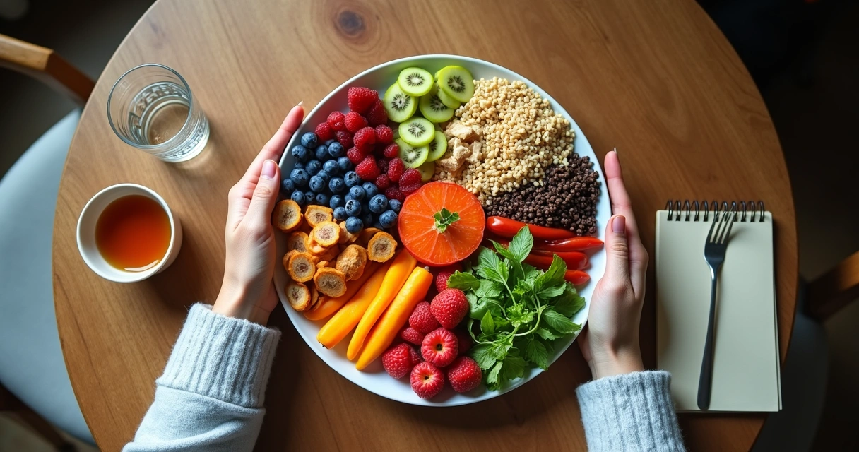Prato colorido com alimentos variados e mãos prestes a comer