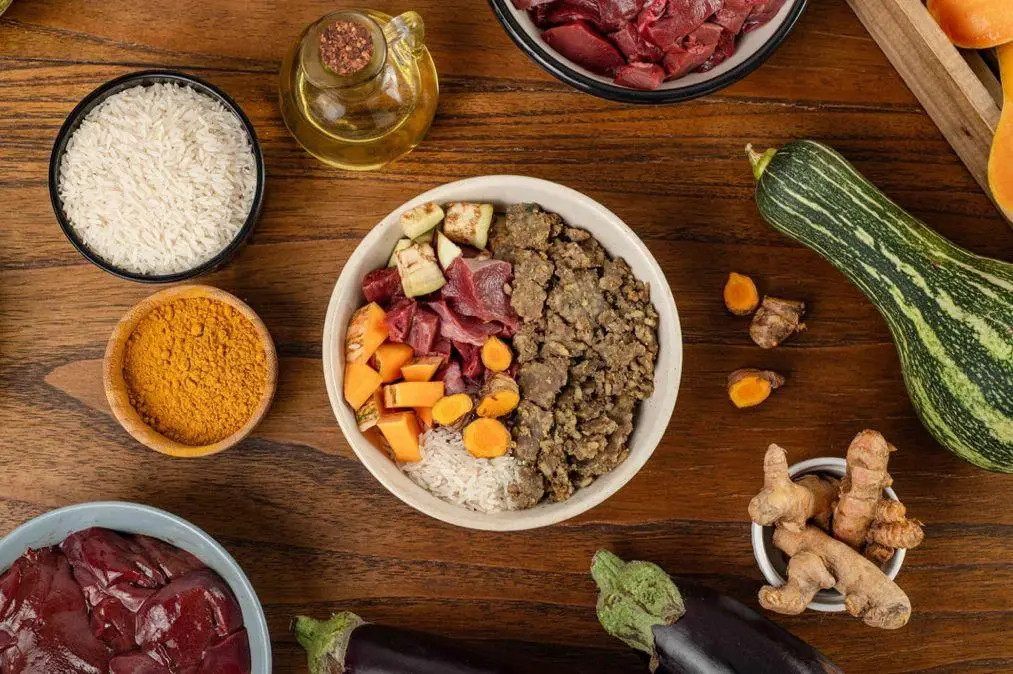 Tigela com comida natural para cães com carne moída, arroz, abóbora, cenoura e abobrinha em uma mesa de madeira com ingredientes frescos ao redor
