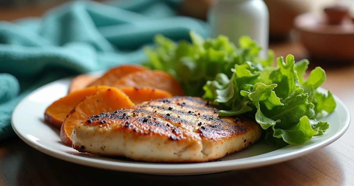 Pollo a la plancha con batata asada y ensalada verde en plato 