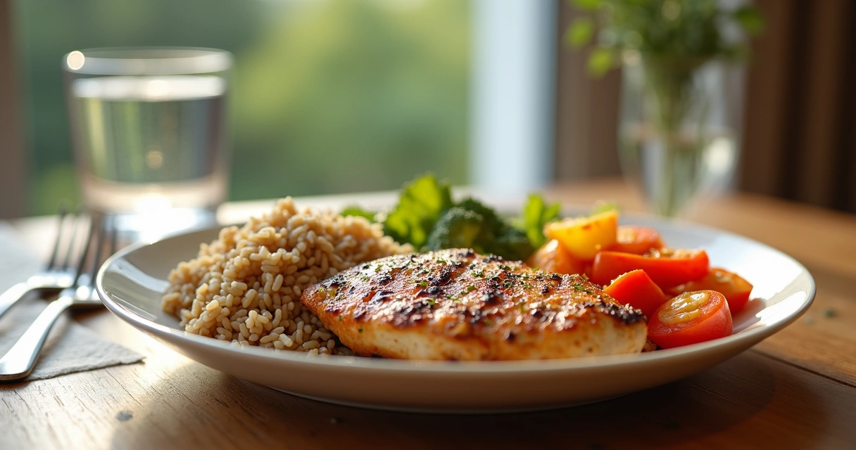 Prate com frango, legumes e arroz integral em uma mesa de madeira 