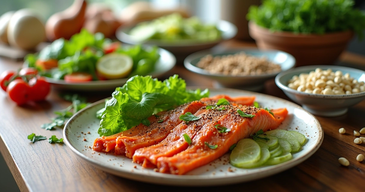 Mesa de cocina con alimentos frescos como verduras, pescado, semillas y frutos secos 