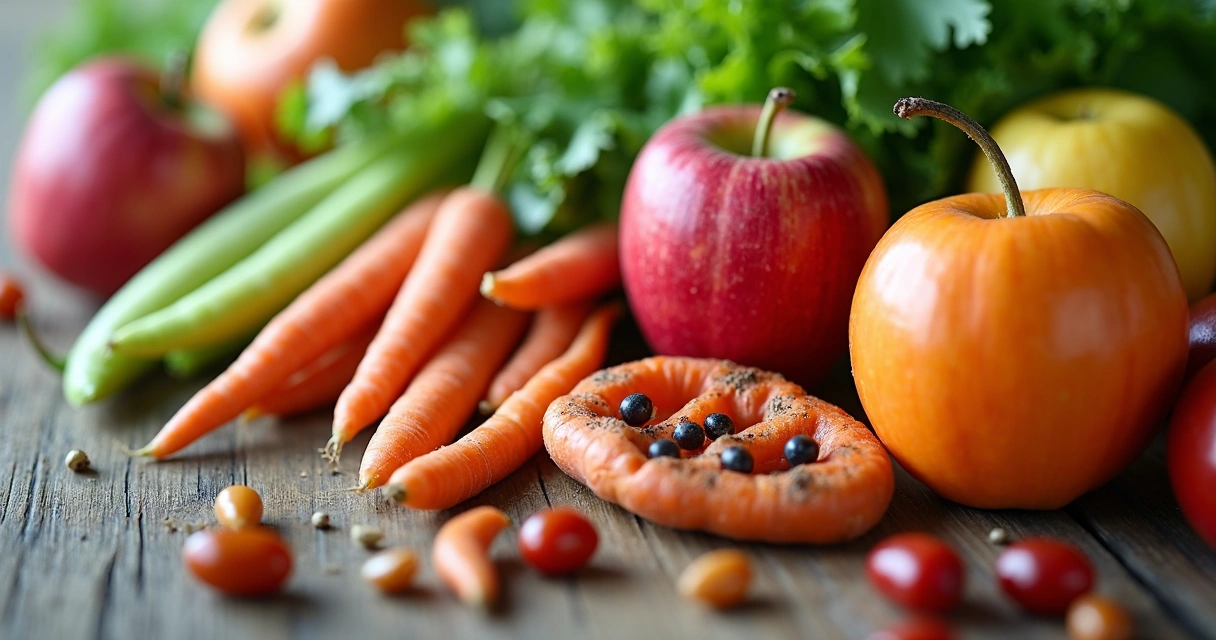 Comida sana con frutas y legumbres frescas en la mesa 