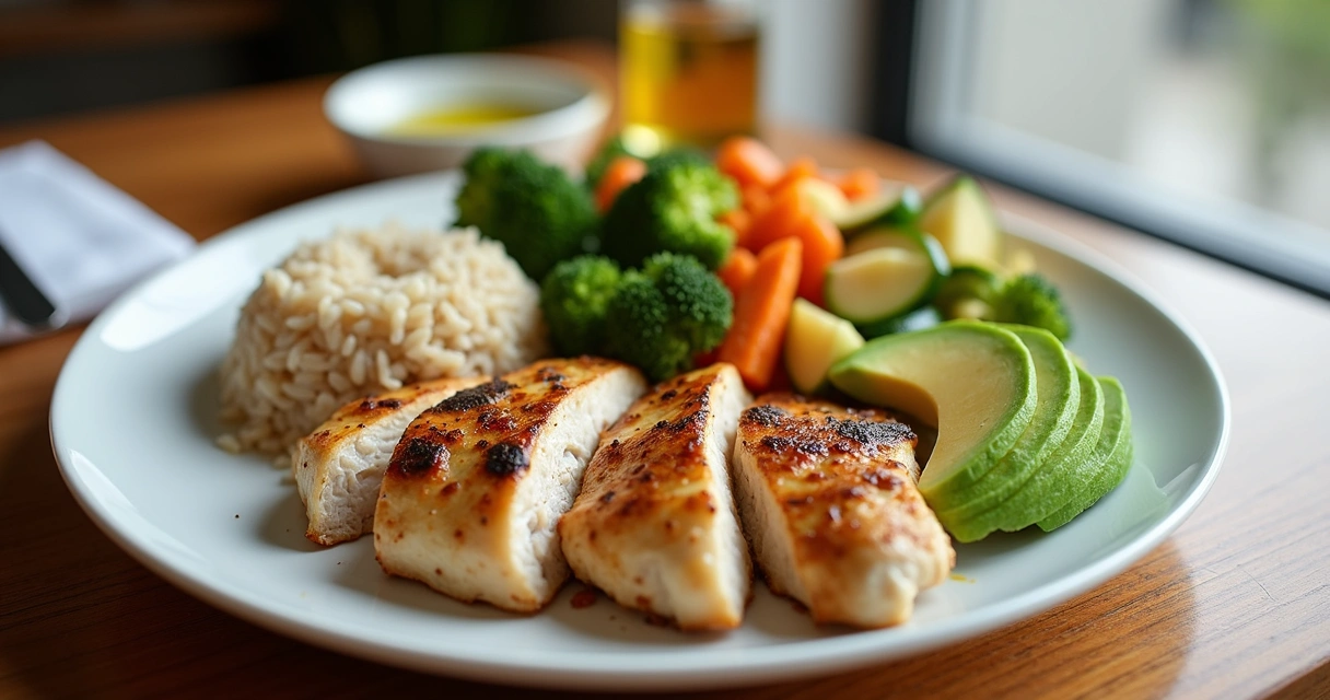Prato com frango grelhado, arroz integral e legumes 