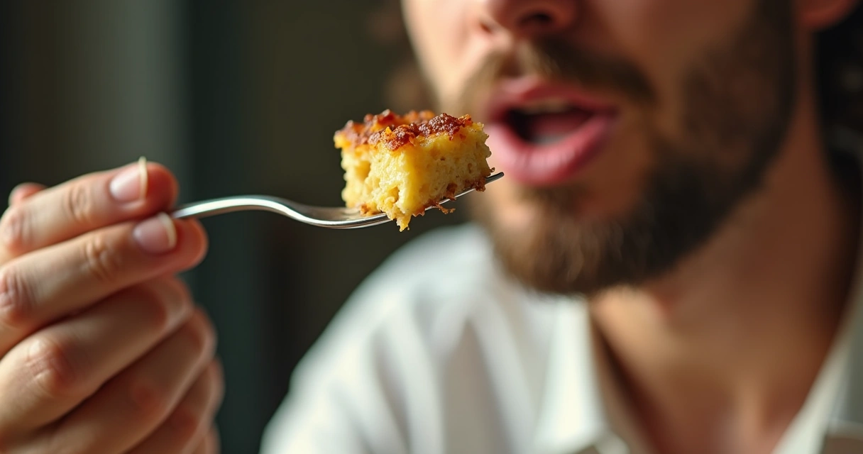 Mão segurando talher com comida perto da boca, destacando textura e atenção ao sabor 