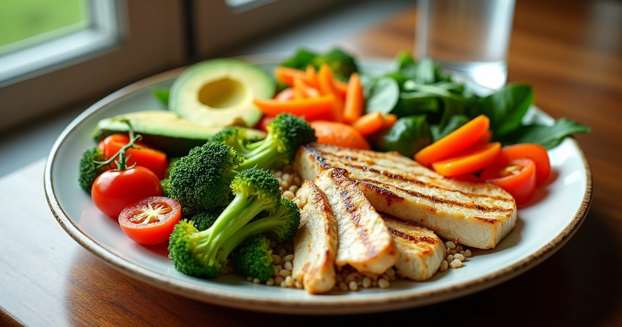Plato con variedad de vegetales y proteínas 