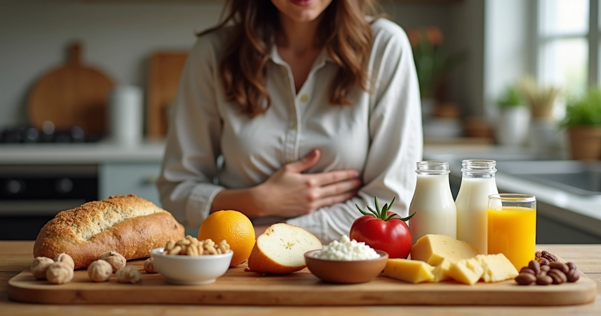 Alimentos variados de uma mesa e pessoa com desconforto na barriga 